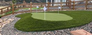 Backyard artificial putting green with multiple cups