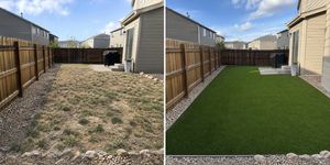 Example before and after artificial turf transformation in a typical Denver backyard