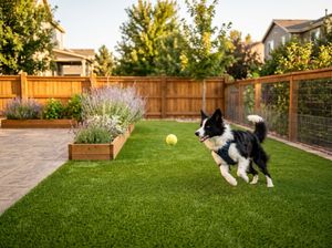 Dog chasing a tennis ball across artificial pet turf in a fenced Denver backyard