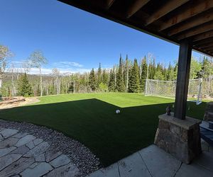 Artificial turf area with landscape rock border