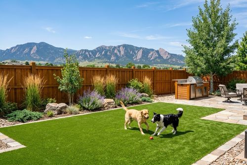 Two dogs playing with a ball on artificial pet turf in a landscaped Denver backyard with an outdoor kitchen and Front Range views