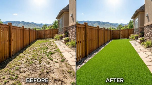 Before and after of the same fenced side yard: worn dirt and patchy grass on the left, clean artificial pet turf with a river-rock border on the right