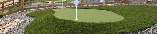 Detail of backyard artificial putting green fringe, cup, and contour
