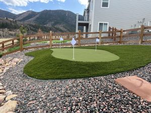 Backyard artificial putting green with pin flag, fringe, and Colorado landscaping