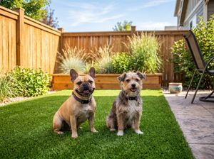 Two small dogs sitting together on pet turf in a Denver backyard