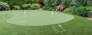 Close detail of backyard putting green fringe and cup