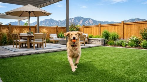 Golden retriever running across artificial pet turf with a ball, past a pergola and patio, Front Range foothills behind the fence