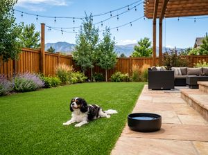 Small dog lying on artificial pet turf beside a flagstone patio with a water bowl, string lights and pergola overhead