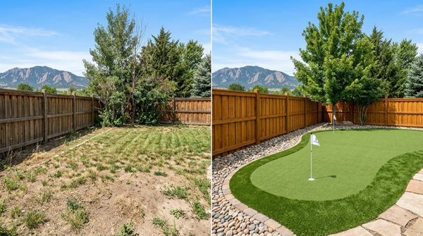 Before and after of the same backyard corner: patchy dirt and overgrown brush on the left, a finished artificial putting green with pin flag and rock border on the right