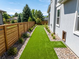 Clean side-yard dog run with pet turf and gravel border in a Denver suburb