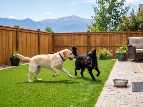 Two dogs playing on pet-friendly artificial turf in a Denver backyard with mountains in the distance
