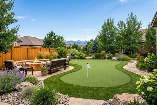 Kidney-shaped artificial putting green with two pin flags beside a flagstone fire-pit patio in a landscaped Colorado backyard