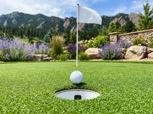 Golf ball resting beside a recessed cup and white pin flag on an artificial putting green, Flatirons foothills behind